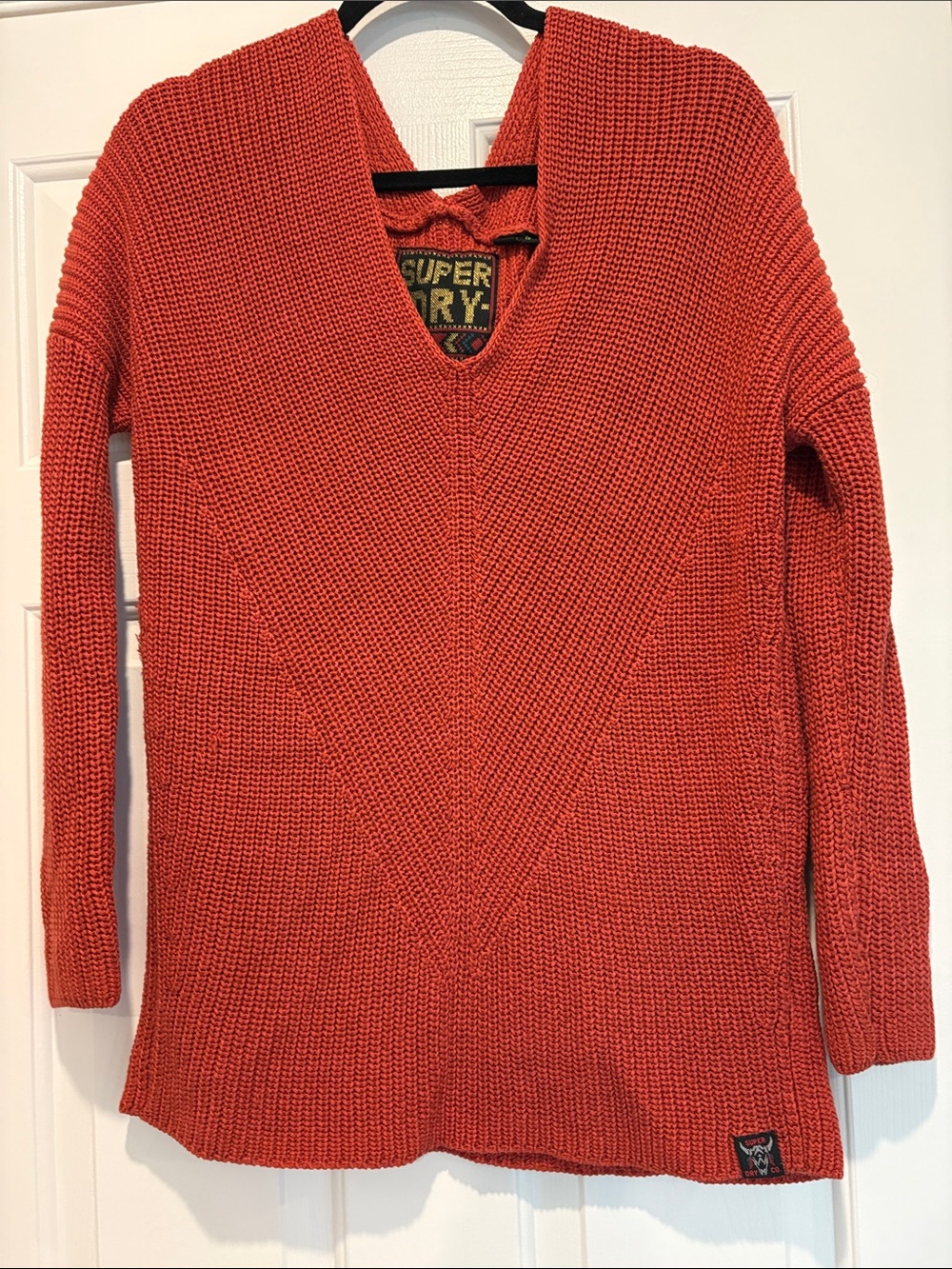 Superdry Coral-Red Chunky Knit Sweater with Embroidered Patch